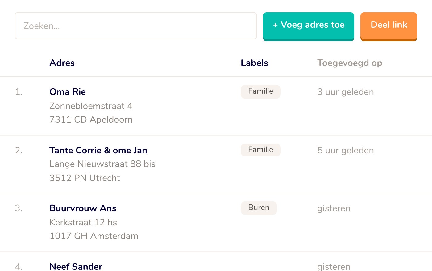 Een adresboek vol adressen van familie en vrienden
